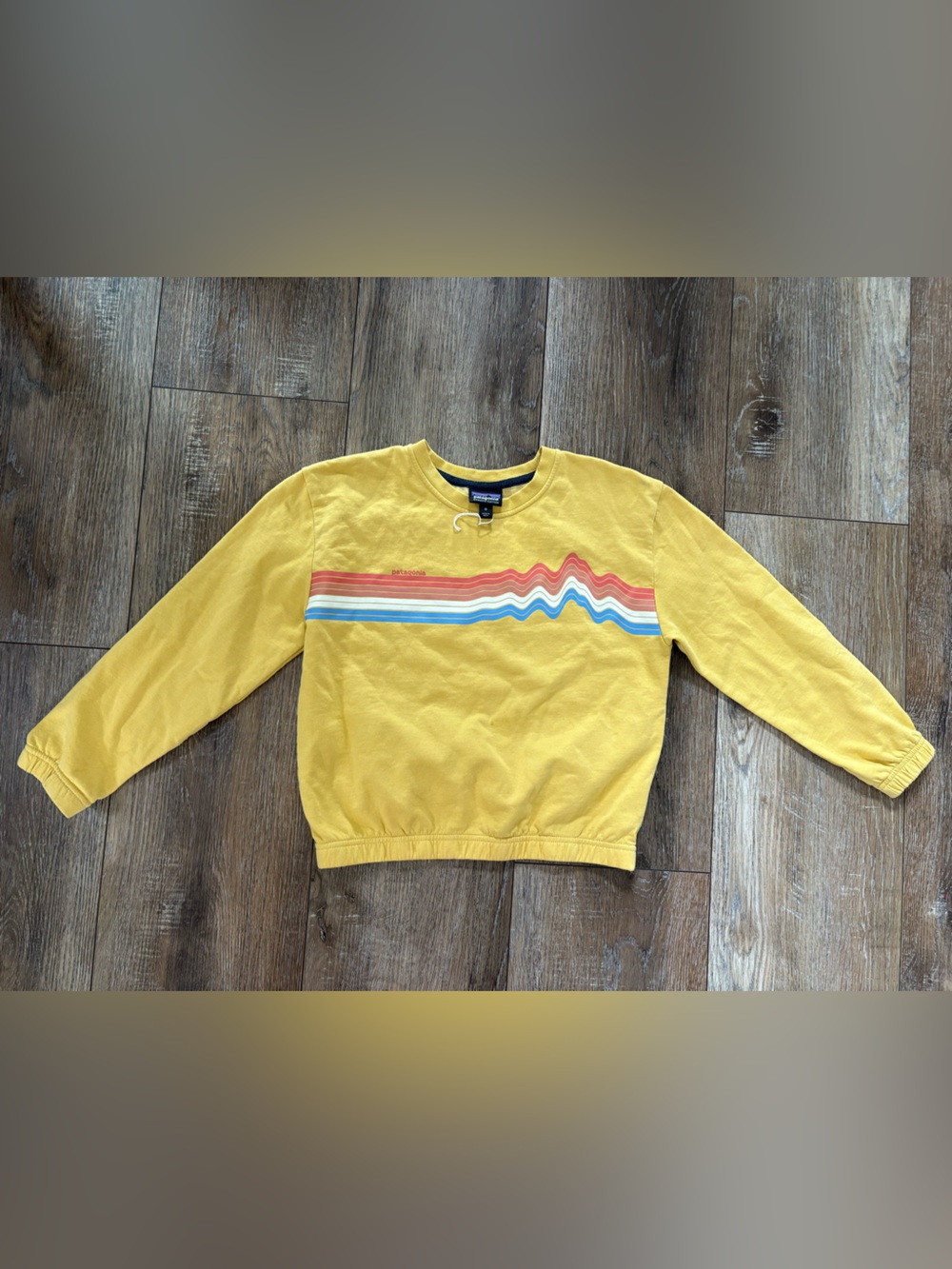 Patagonia Kids Yellow Crewneck Sweatshirt with Retro Stripes medium